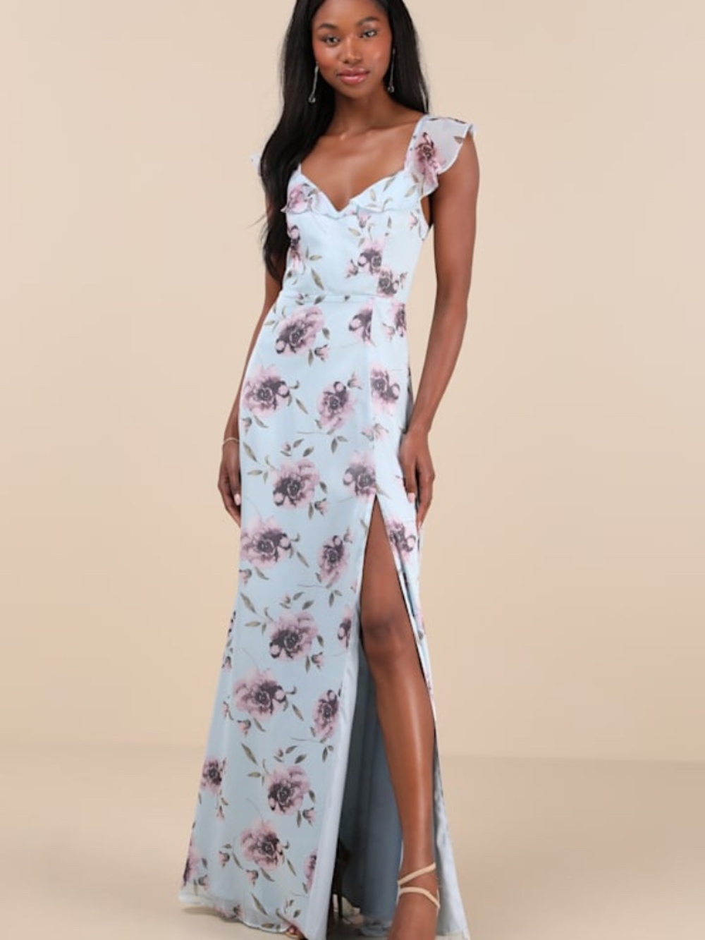 Lulus Sweetest Entrance Light Blue Floral Ruffled Tie-back Maxi Dress - Size M